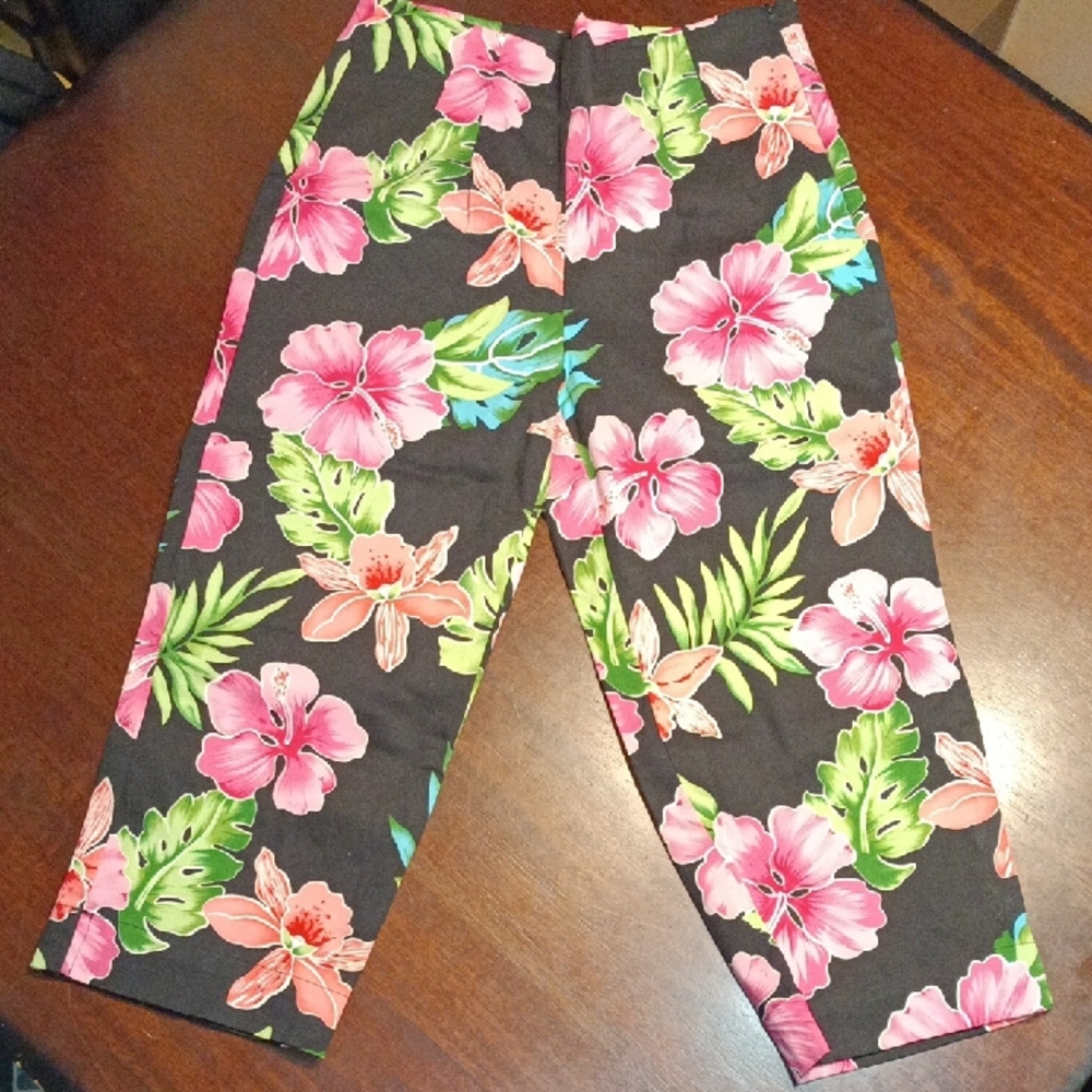 White Stag Black Capri Pants with Pink Floral Print